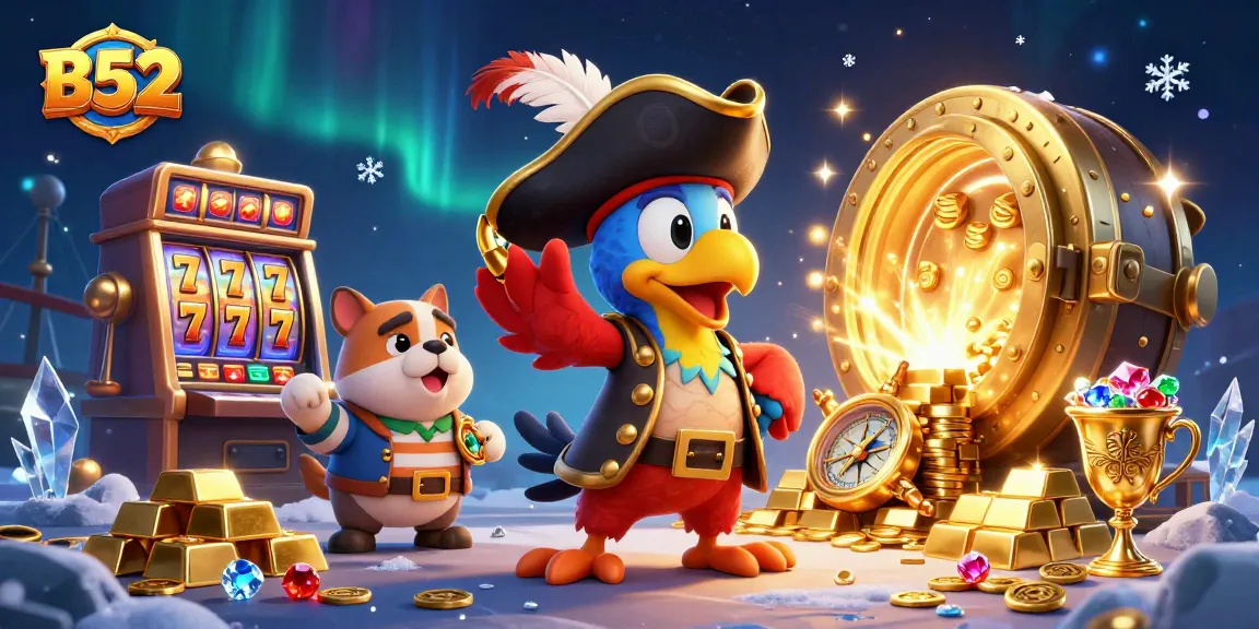 B52 slot machine action with vibrant characters and dazzling treasures illustrated in detail.
