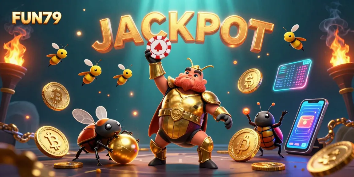 Engage in fun at FUN79, where our 3D hercules beetle celebrates a jackpot victory amidst glowing crypto coins and vibrant casino elements.