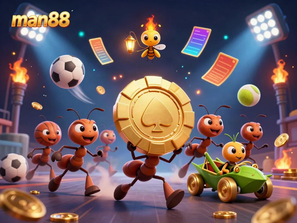 Join the excitement at man88 with a thrilling 3D cartoon heist featuring golden poker chips and sports elements.