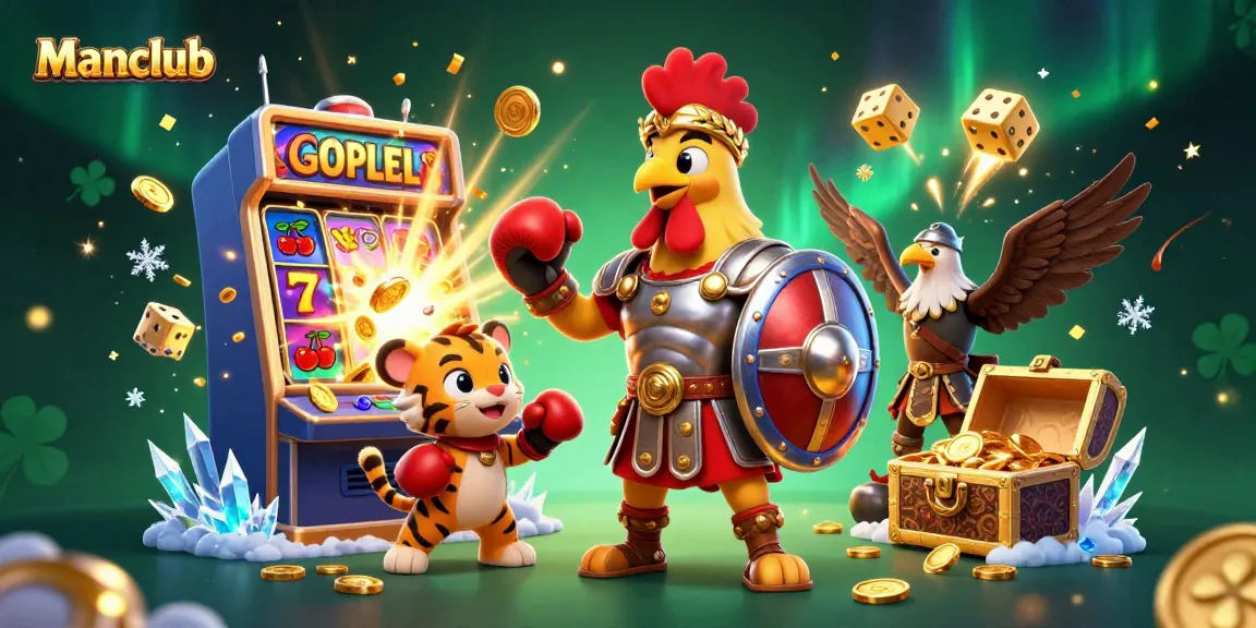 Experience the excitement at Manclub with a 3D scene featuring adventurers and exploding jackpots.
