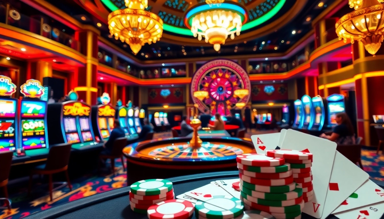 A vibrant casino scene showcasing the excitement of gambling at win88cc.net with colorful chips and tables.