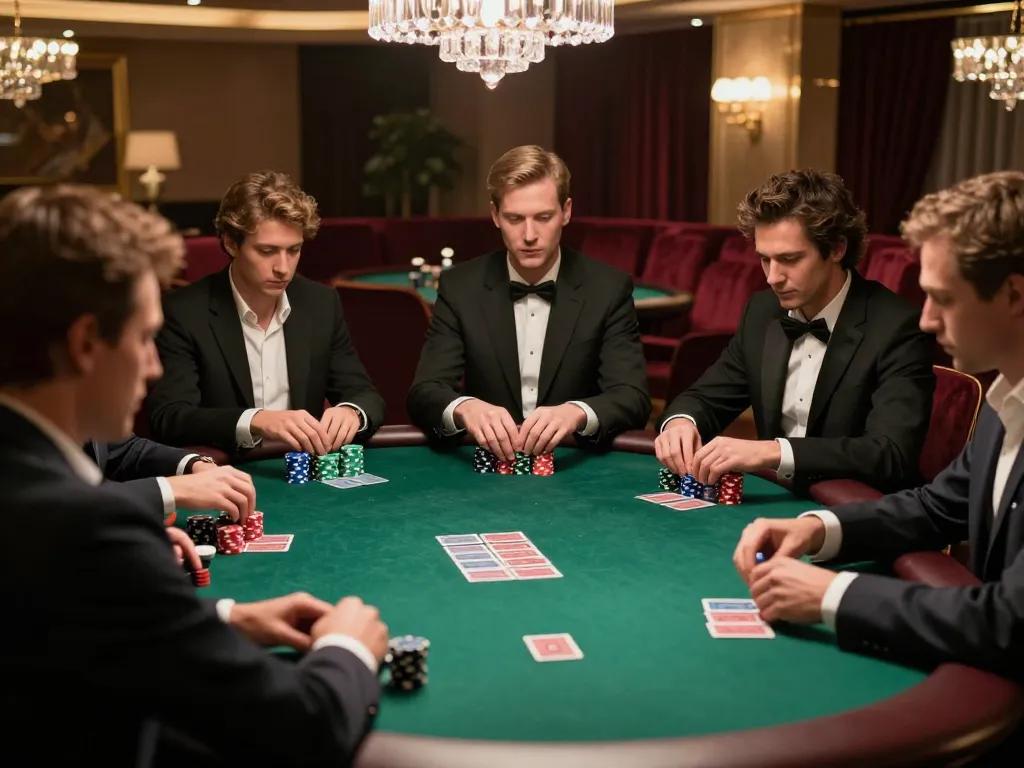 va88 poker night with intense players strategizing around a round table, showcasing high-stakes gambling atmosphere