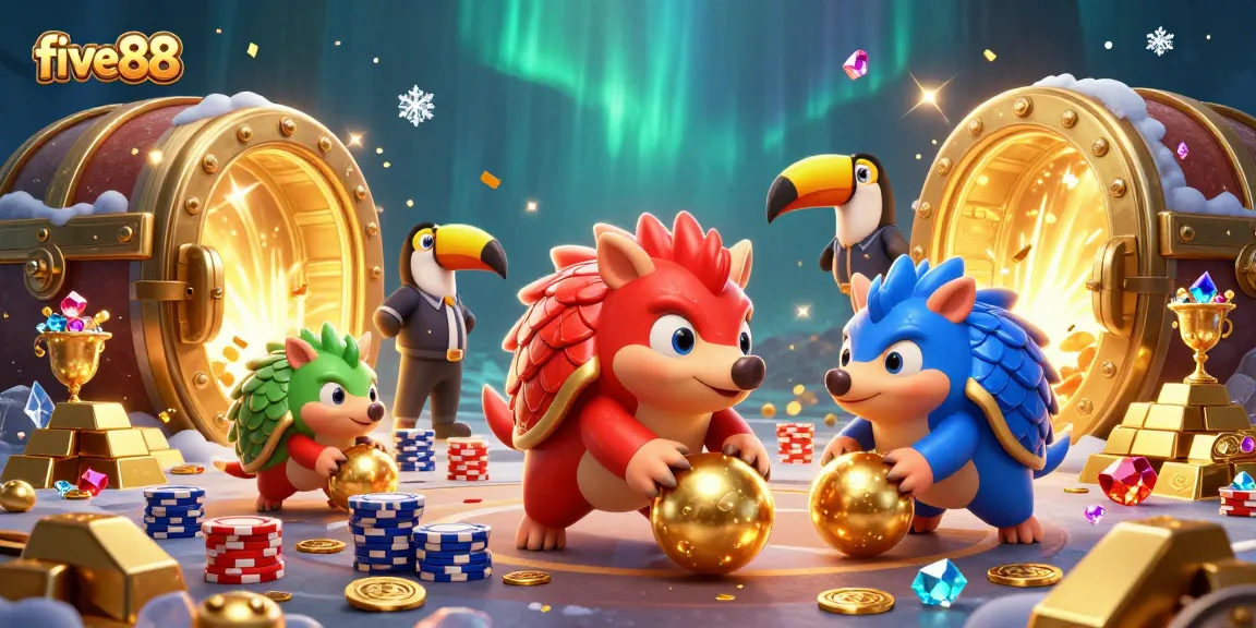 Experience thrilling gameplay at five88 with rival pangolins bowling through poker chips in a vibrant casino scene.
