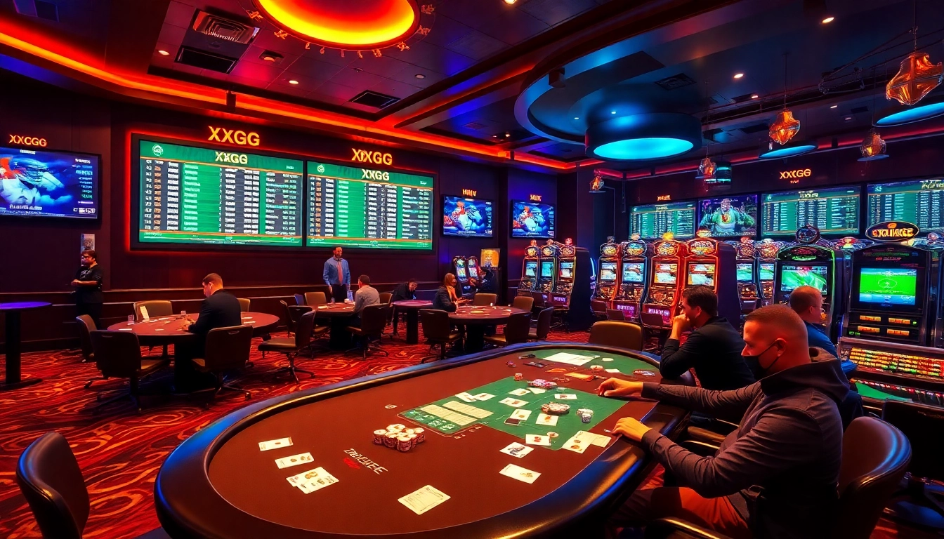 Experience the excitement of sports betting at XXGG with vibrant casino elements and players in action.