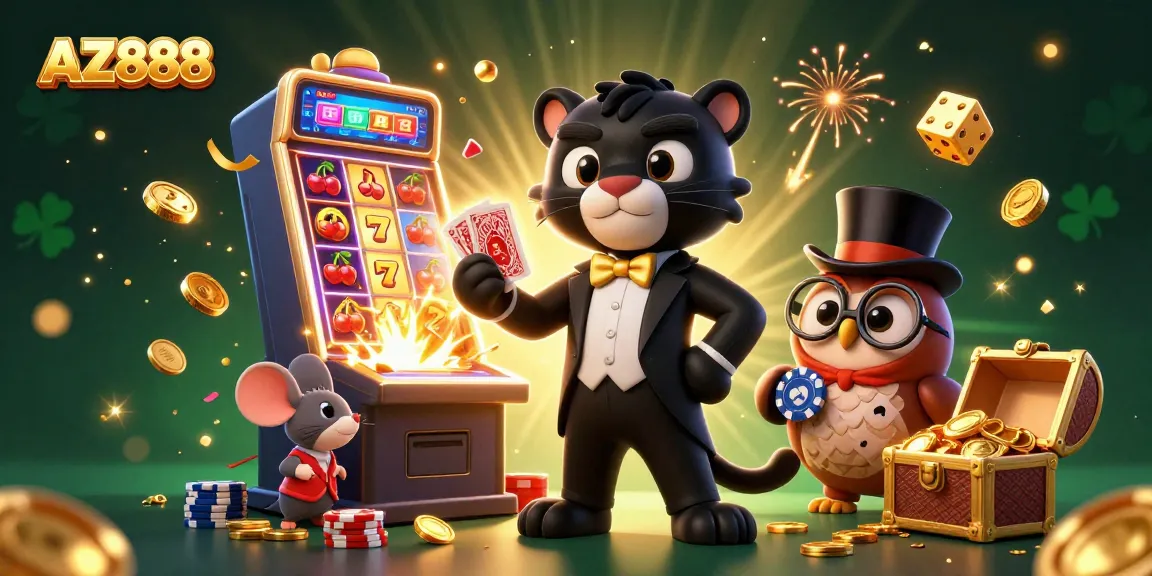 Experience the excitement of AZ888 with a stylish panther dealing cards amidst lively casino elements.