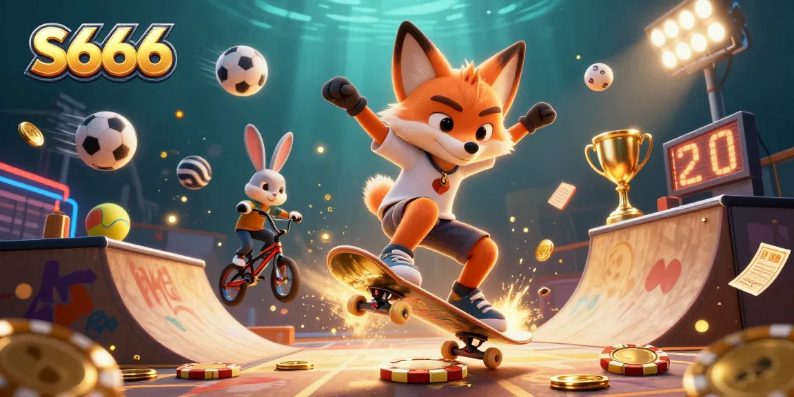 S666 casino-themed illustration showing a skateboarder fox and BMX rabbit engaged in dynamic tricks amidst casino elements.
