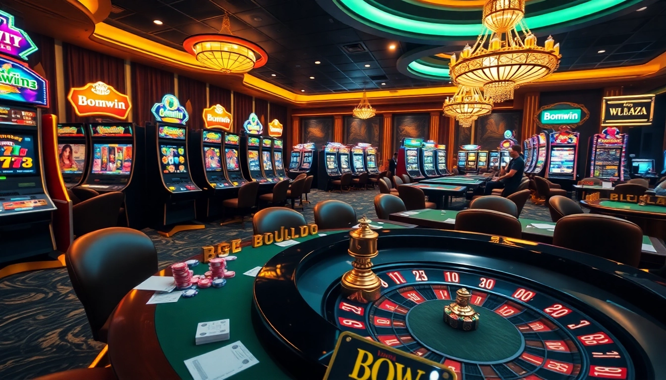 Players engaging with thrilling slot machines at Bomwin Casino, surrounded by luxury and excitement.