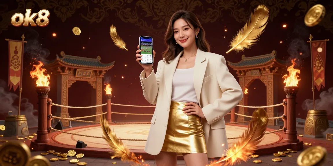 Experience sports betting excitement at ok8 with a dynamic scene of a friendly Asian woman enjoying a betting app amid a rich casino backdrop.