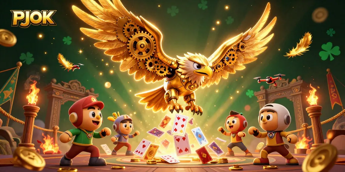 PJOK engages players with a dynamic illustration of a golden eagle diving through holographic playing cards, symbolizing premium online gambling.