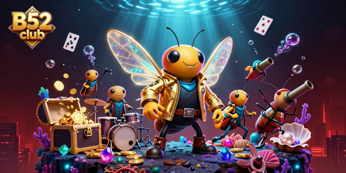 B52 club players winning big with vibrant 3D illustration of exciting casino-themed characters and elements