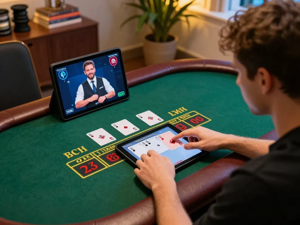 Engaged player using DA88 on a tablet for an immersive live dealer blackjack experience.