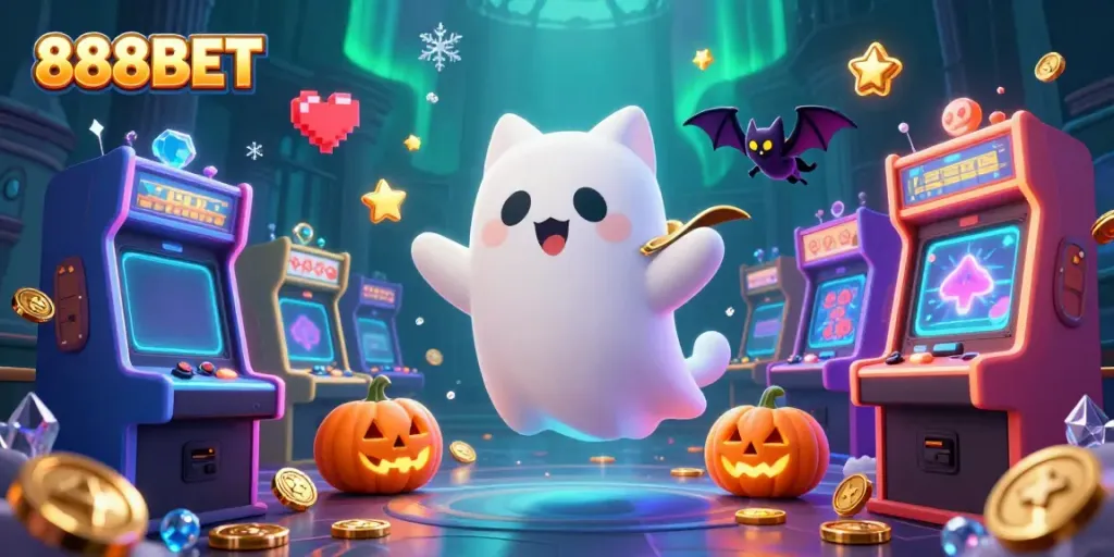 Experience the fun of 888BET in a vibrant haunted casino filled with whimsical gaming elements.