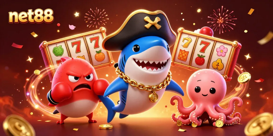 Experience excitement with net88's vibrant 3D casino illustration showcasing thrilling slot reels.
