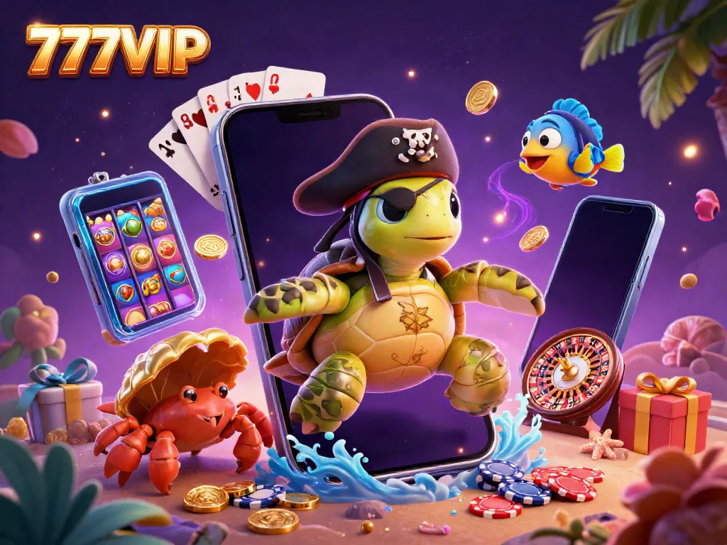 Bet and win with 777VIP as a pirate turtle and friends find treasure in a vibrant casino world.