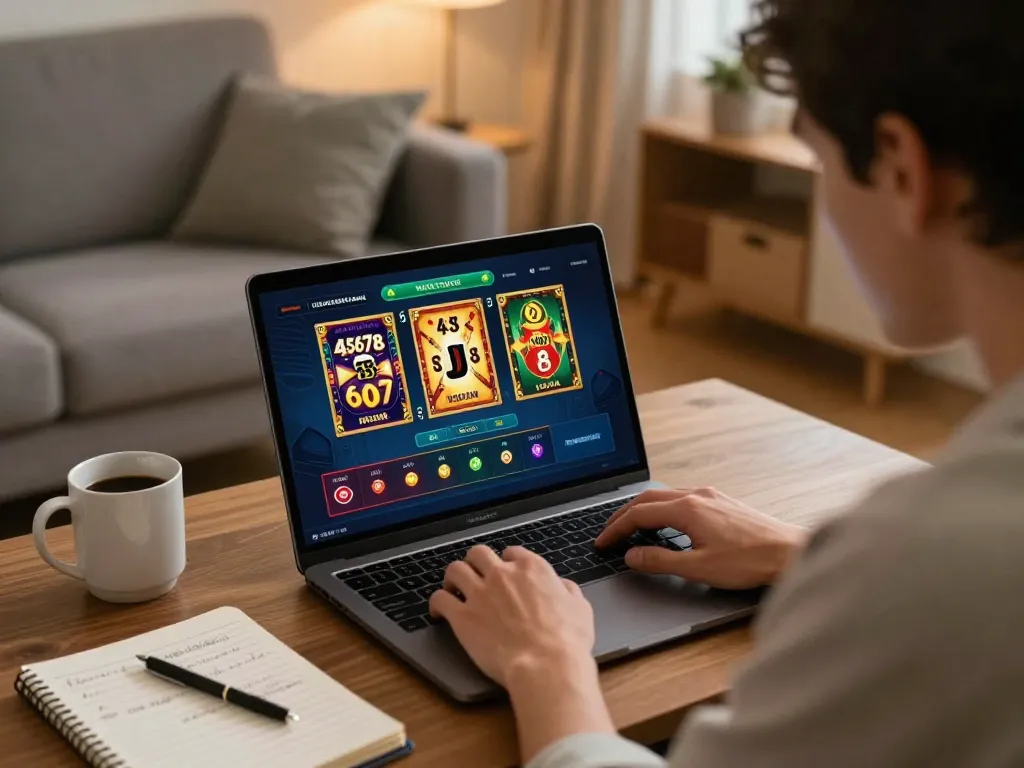 Person engaged in online casino gaming with the interface showing 45678 and strategy notes in a cozy home setting