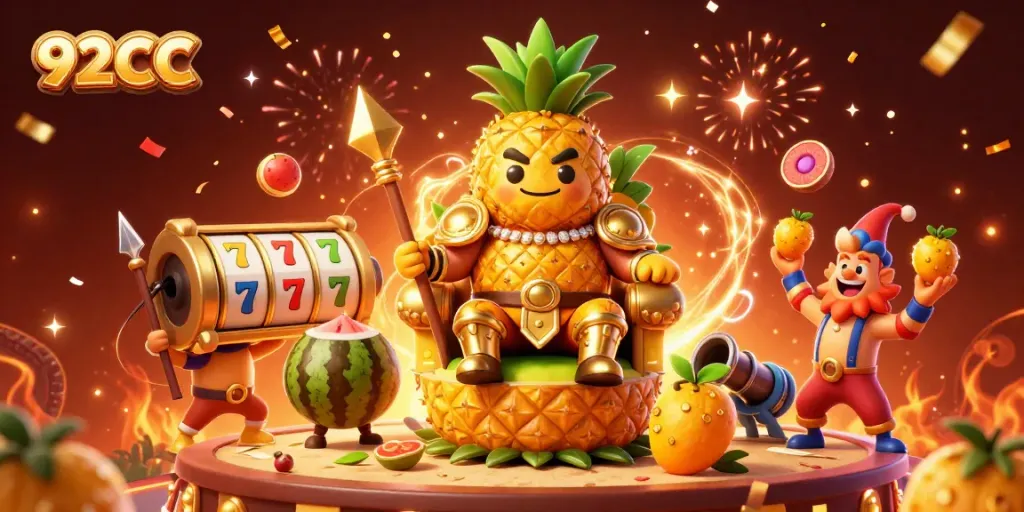 Engage with 92CC in a vibrant casino scene featuring golden characters and spinning slot reels.