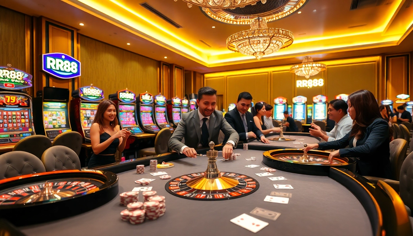 Players enjoying a thrilling game at RR88 casino, showcasing vibrant poker chips and roulette wheels.