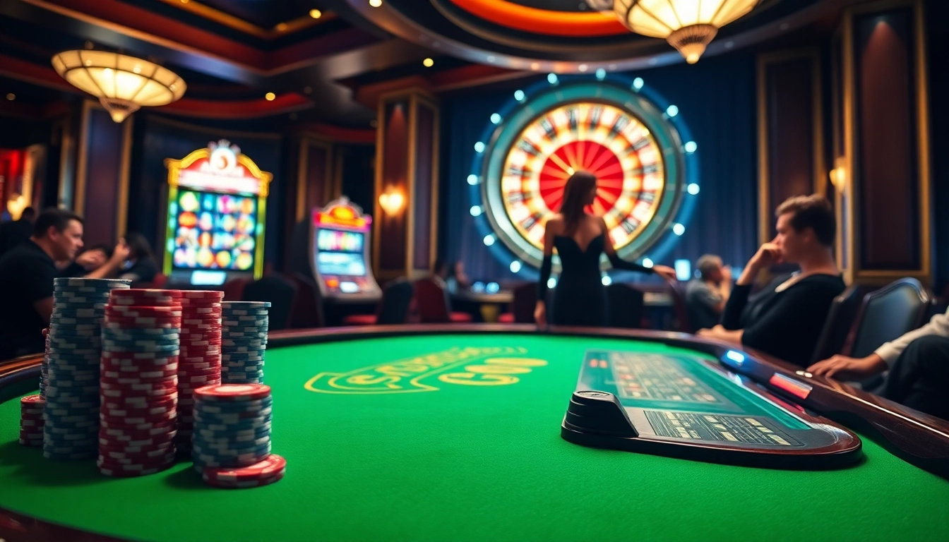 Alo789 casino scene showcasing intense poker action, colorful chips, and vibrant slot machines.