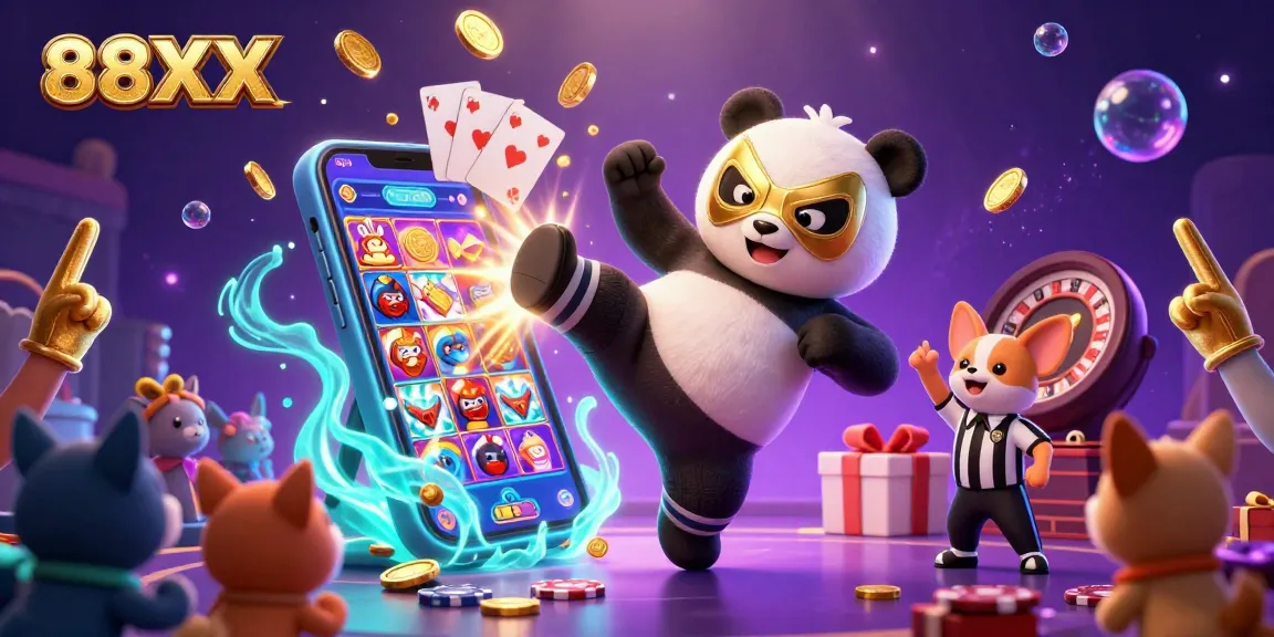 Experience thrilling gaming action with 88XX as a panda wrestler flips into the excitement of casino games.