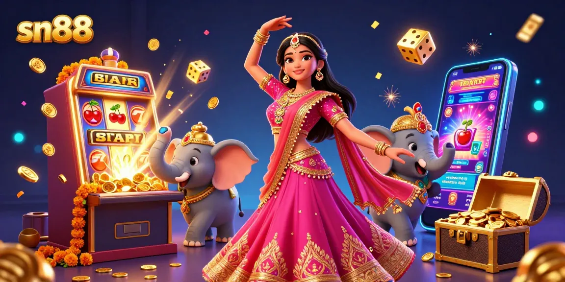 Experience excitement with sn88's vibrant illustration of casino games featuring lively characters, slot machines, and treasures.