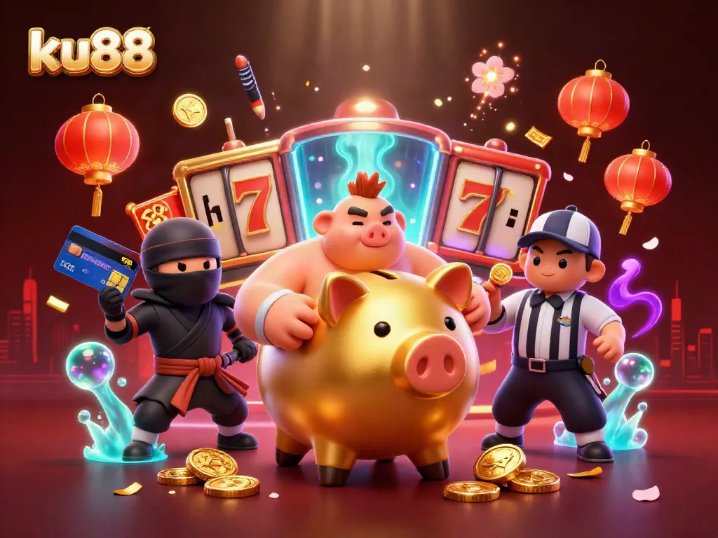 Engage with the dynamic scene of ku88 where a golden piggy bank wrestler and characters showcase thrilling casino action.