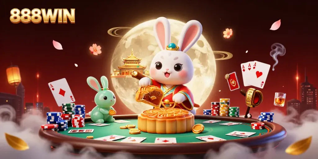 Experience the vibrant world of gambling with 888WIN in a whimsical moonlit scene, showcasing poker action and Chinese folklore elements.