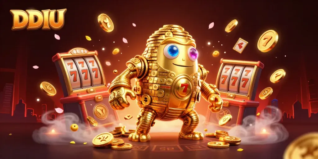Experience thrilling action with DDUU's animated golden golem amidst vibrant jackpot elements.