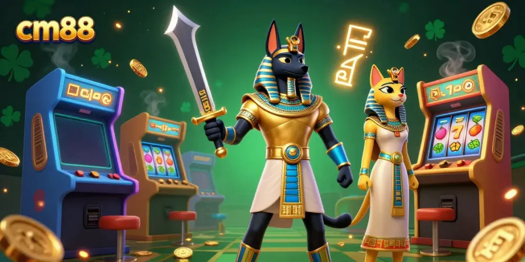 Engage with cm88 through an exciting 3D digital scene featuring ancient Egyptian characters and vibrant casino elements.