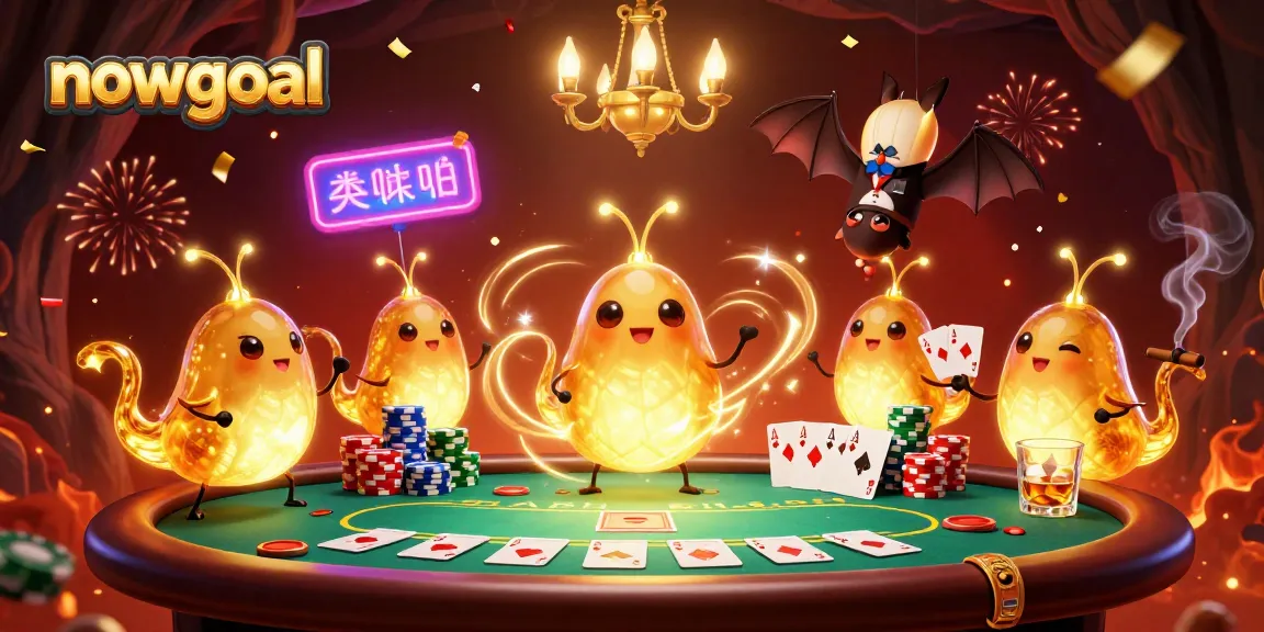 Engage with nowgoal's dynamic poker action featuring cartoon glowworms lighting the casino scene.