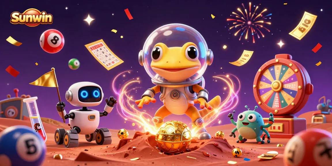 Sunwin showcases a lively scene with a Martian gecko and a robot amidst a colorful gaming celebration.