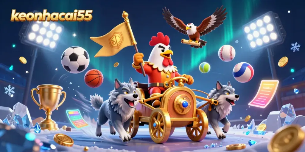 Immerse in the action with keonhacai55 as the rooster warlord leads a golden chariot in a vibrant sports betting scene.