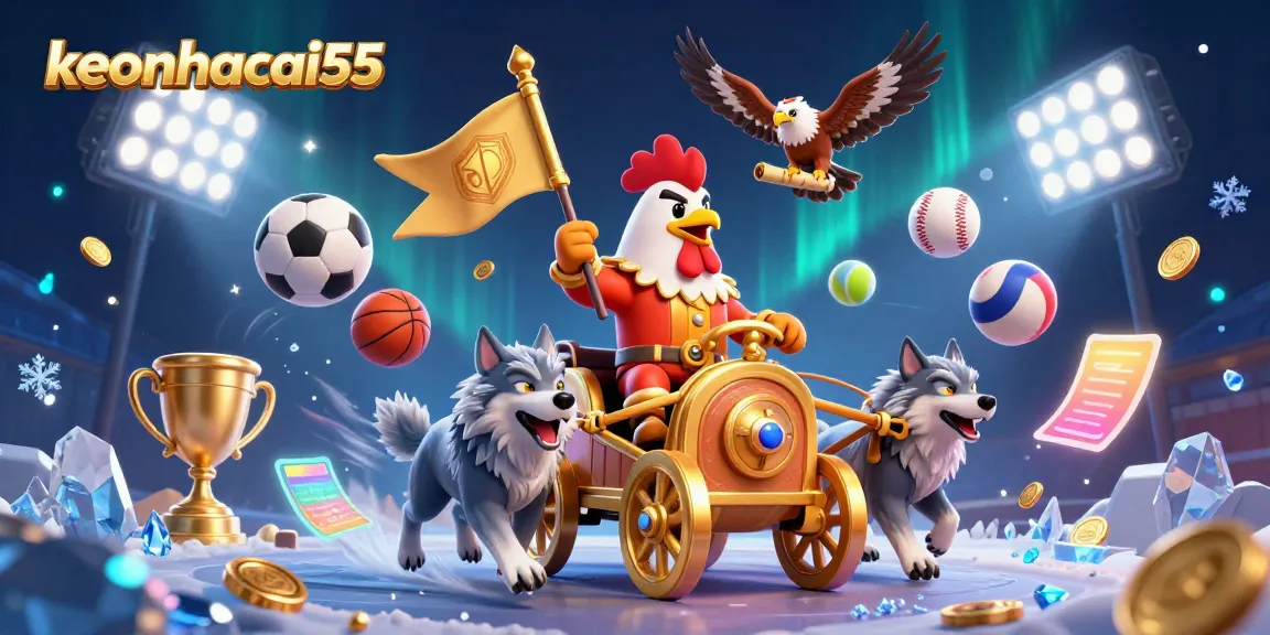 Immerse in the action with keonhacai55 as the rooster warlord leads a golden chariot in a vibrant sports betting scene.