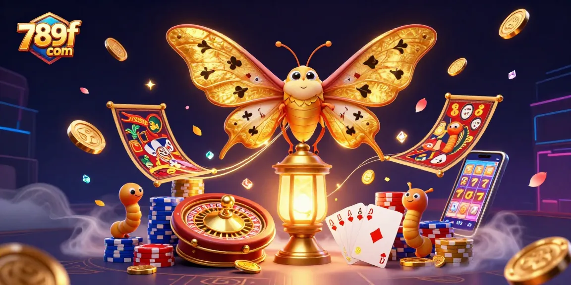 Play slots at 789f com with a vibrant 3D casino scene featuring golden coins and card suits.