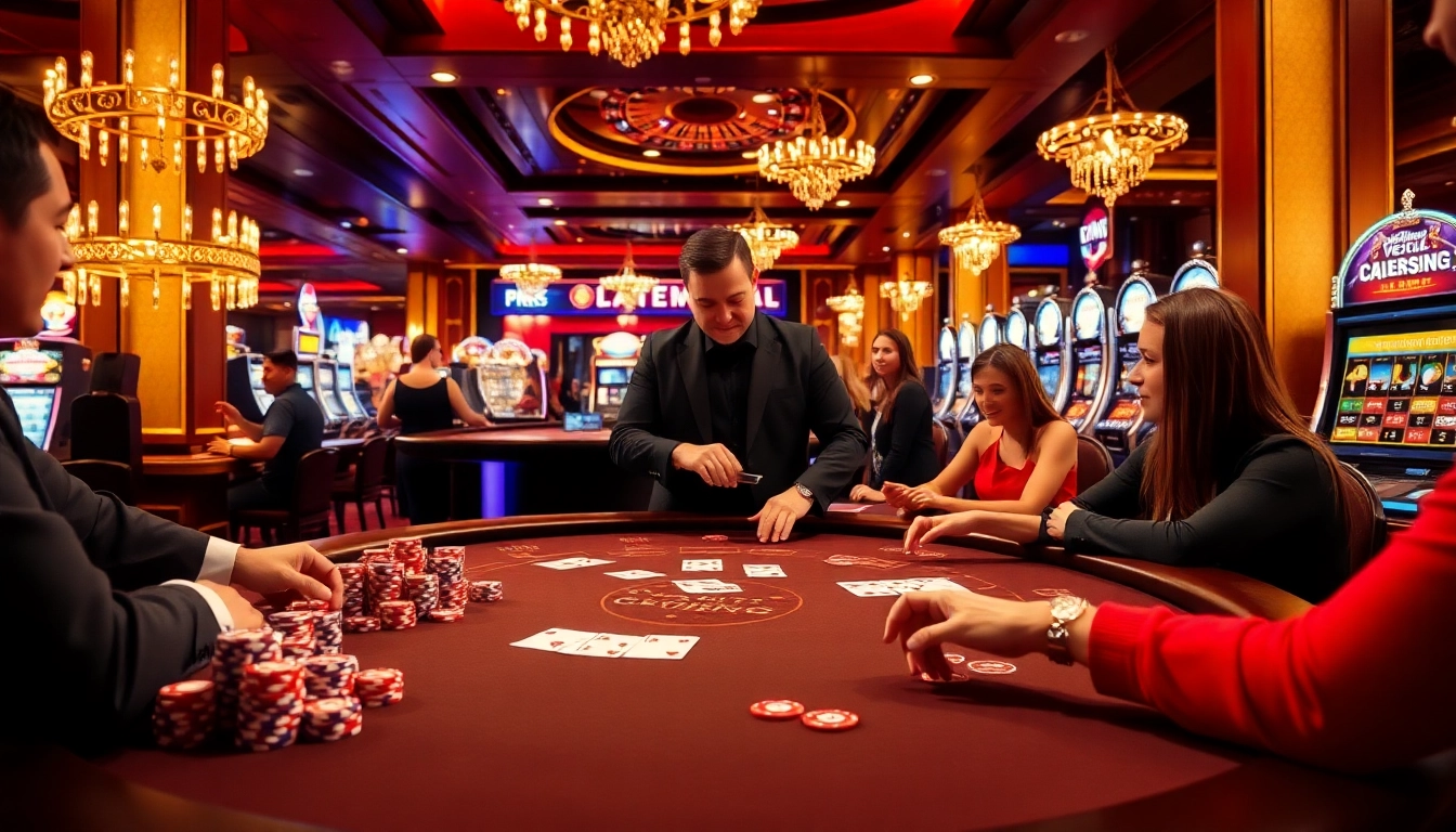 Experience the thrill of gambling at Bomwin with a luxurious casino ambiance featuring poker games and slot machines.