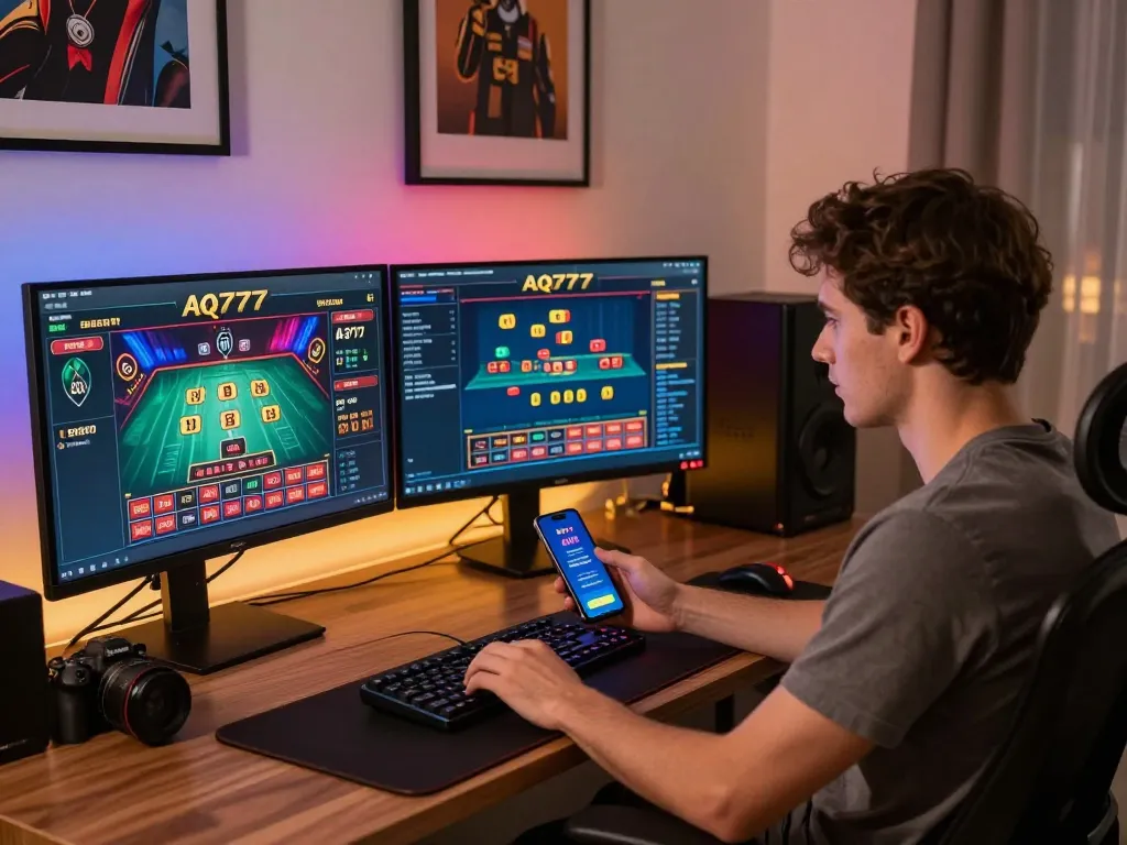 Um jogador envolvido em jogos online estratégicos na AQ777, analisando apostas em várias telas em um luxuoso escritório em casa.