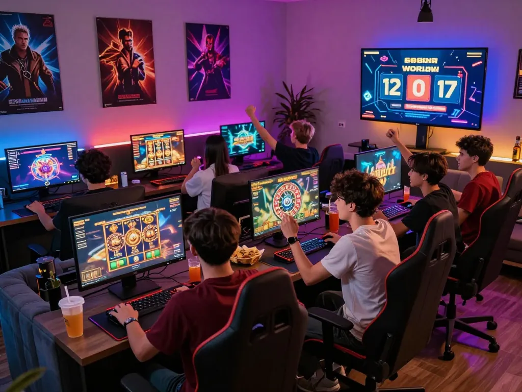 Friends celebrating a win on 887bet in a vibrant gaming room with colorful lights.