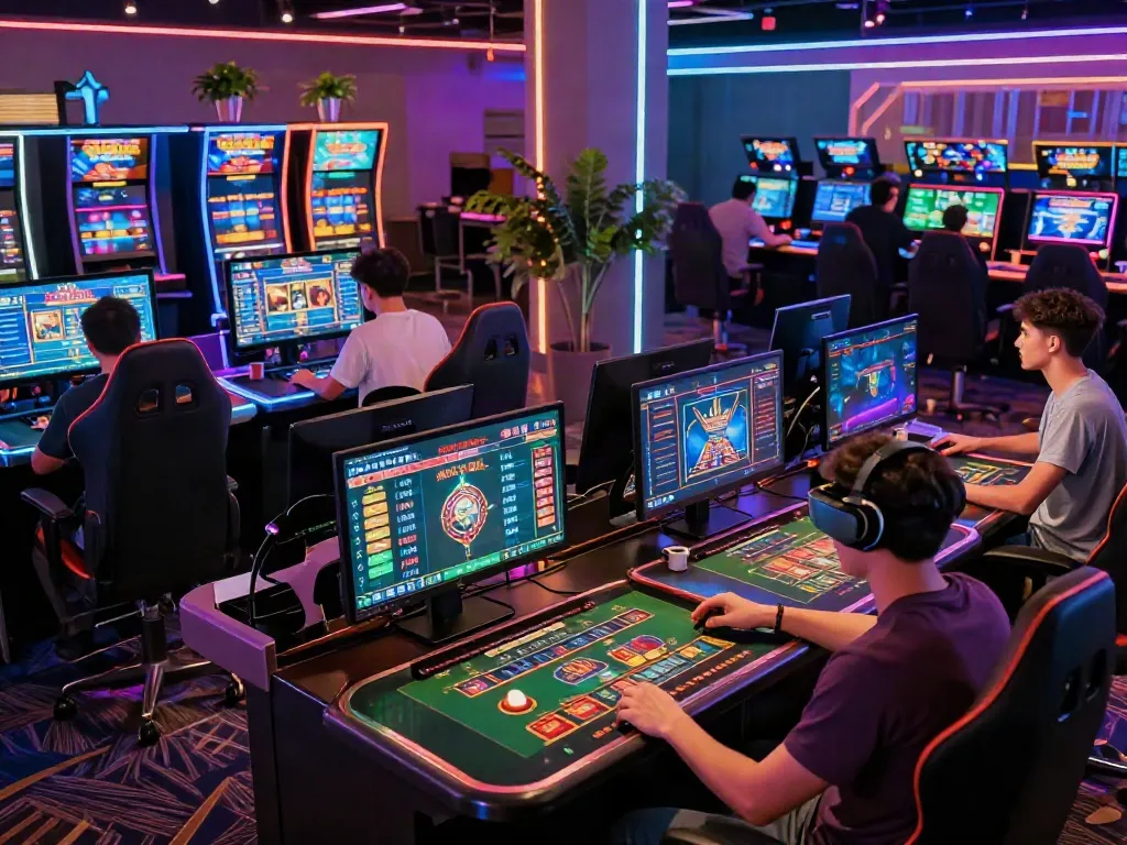 Exciting scene of diverse players enjoying ta88 gaming experiences in a modern digital casino.