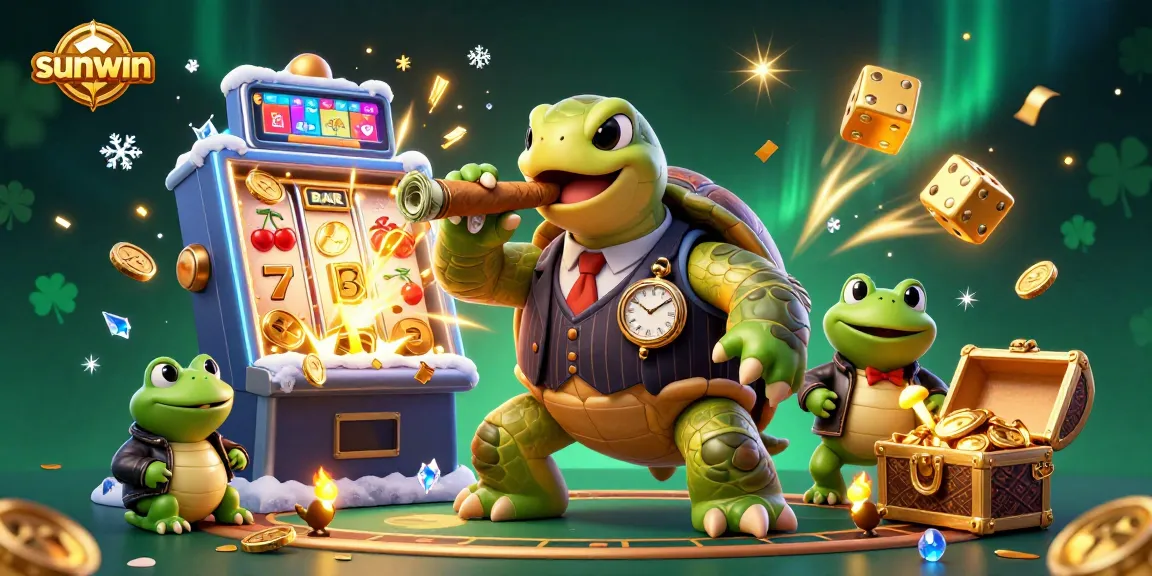 Engage with the sunwin casino experience featuring a colorful slot machine burst and charismatic characters.