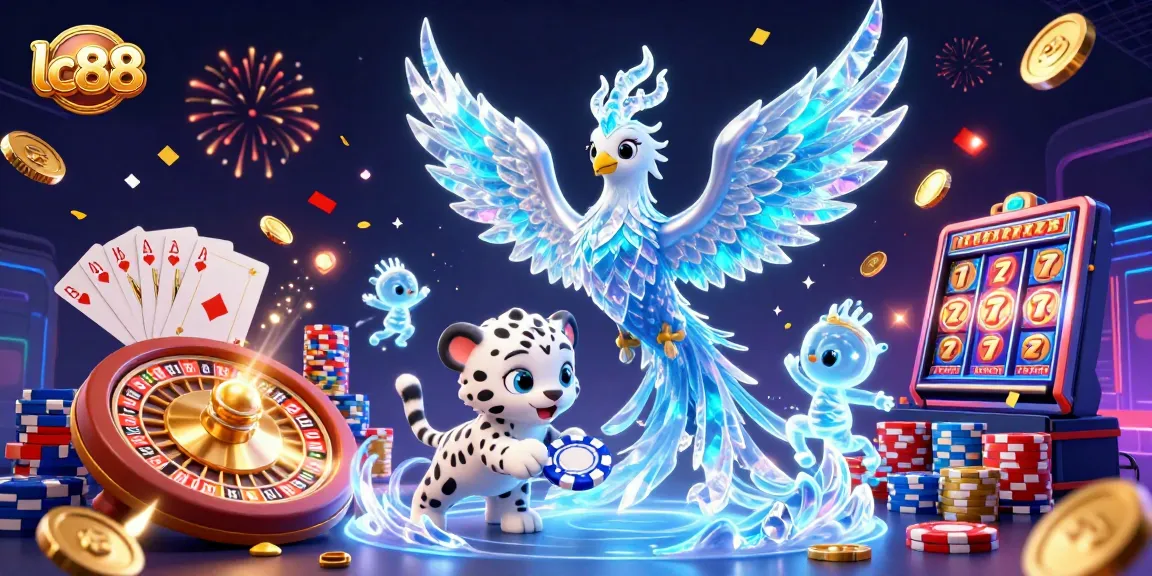 Play exciting casino games at lc88 with an ice phoenix and snow leopard in a vibrant scene.