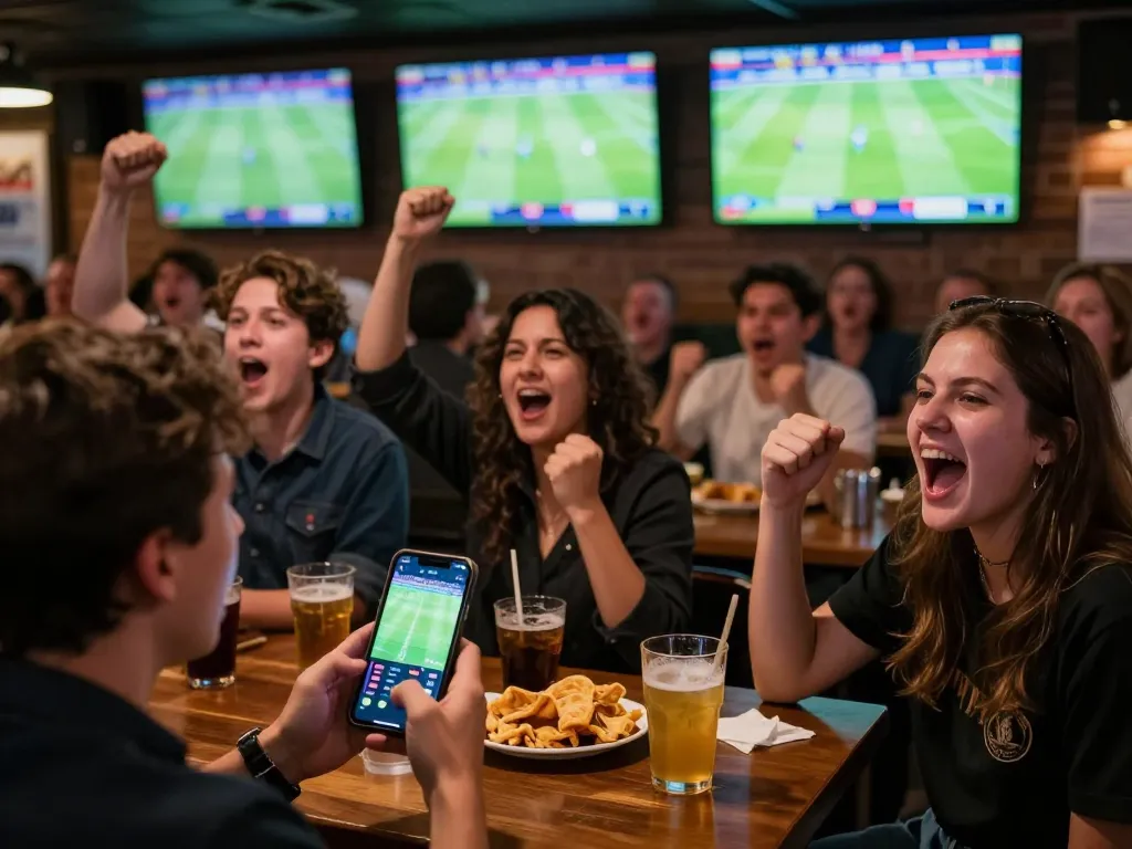 Engaging in soi kèo strategies during a thrilling sports betting night at a lively pub