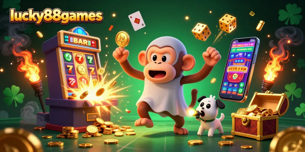 Engage with lucky88games in an exciting casino scene featuring a playful monkey and a curious puppy tracking gold!
