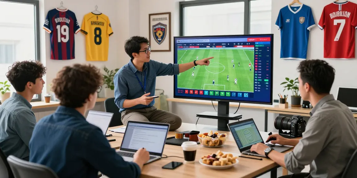 Soi Kèo Nhà Cái experts analyzing football stats in a vibrant office with modern technology and collaborative atmosphere.