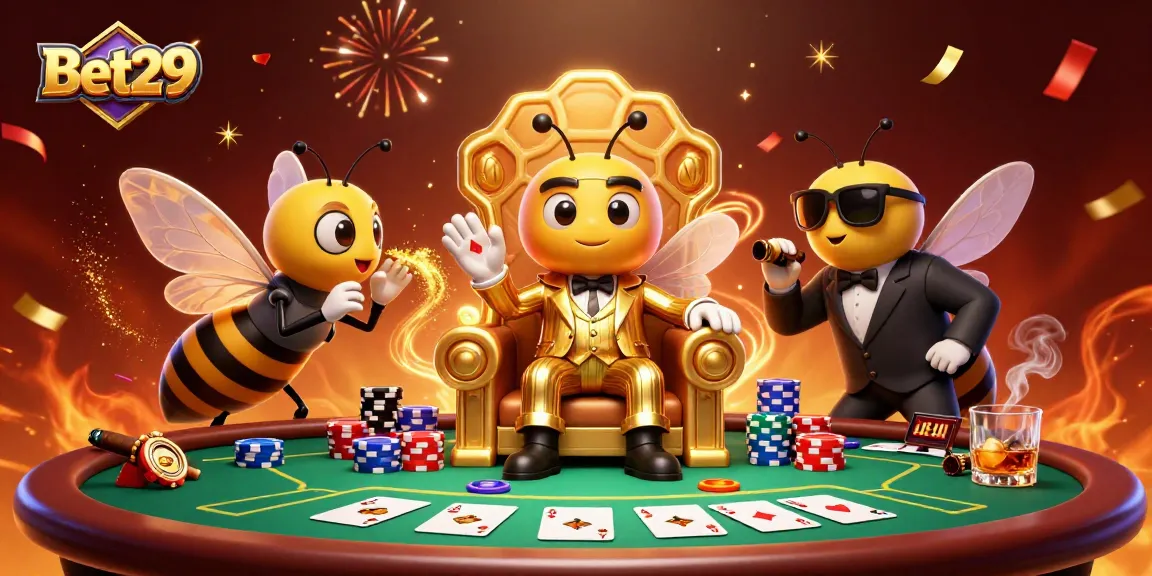 Experience thrilling poker action at Bet29 with our vibrant 3D casino illustration featuring a buzzing bumblebee mob boss.
