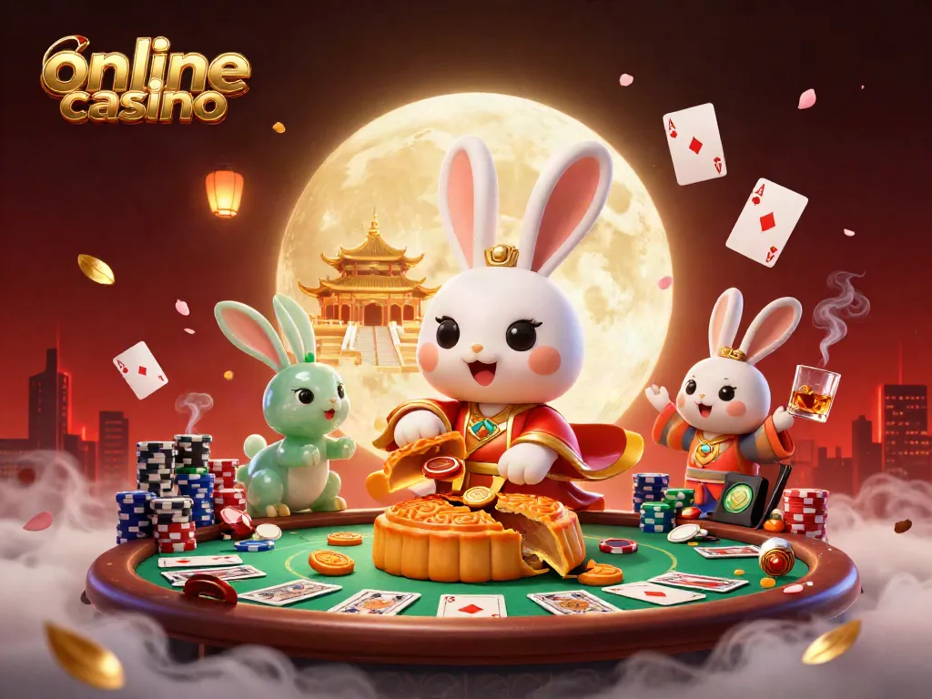 Experience the excitement of an online casino with a vibrant 3D lunar scene featuring poker chips and lively characters.