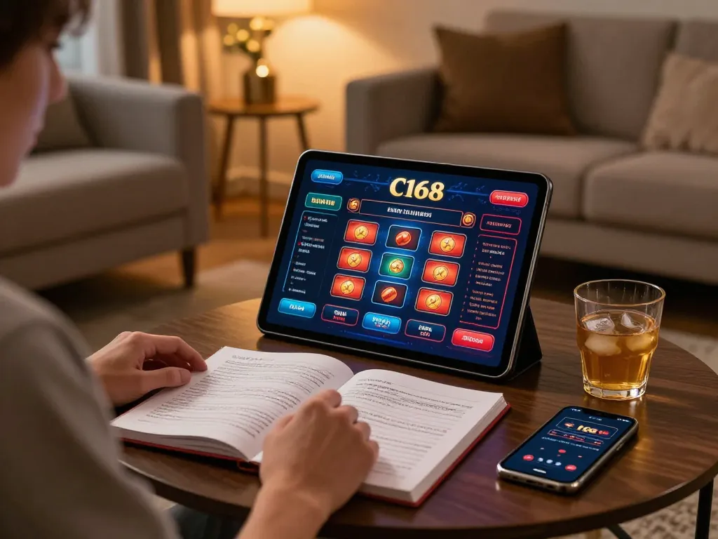 C168 player engaging in online casino gaming at home, showcasing tablet interface with games.