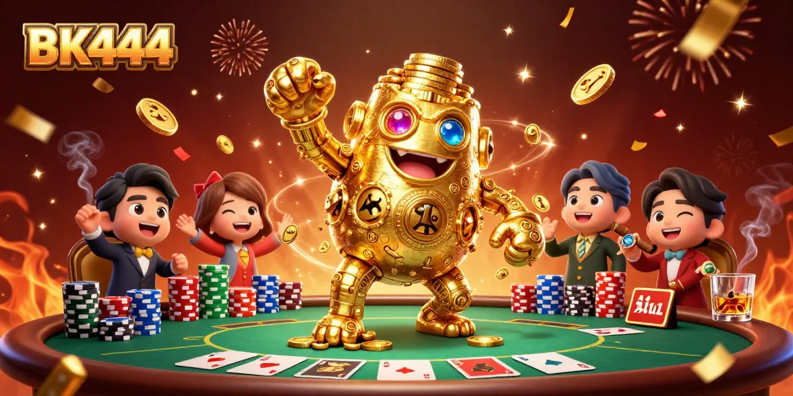 BK444 offers an engaging scene of a golden golem amidst vibrant casino action, symbolizing thrilling gaming.