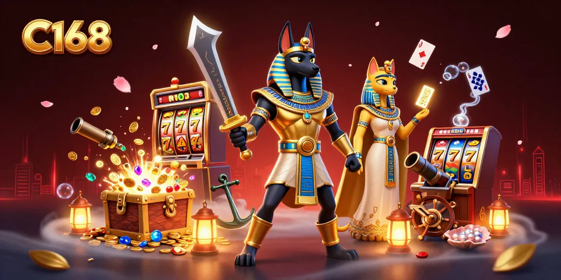 C168 slots scene full of excitement with Anubis and Bastet amidst vibrant casino decorations