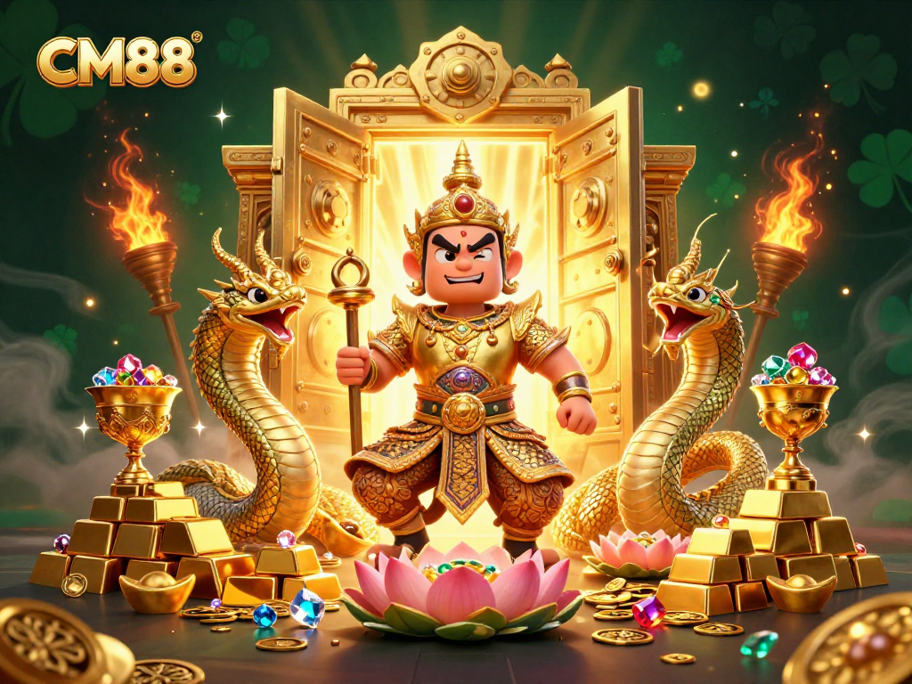Experience excitement at CM88 with a vibrant 3D scene showcasing a guardian and treasures.