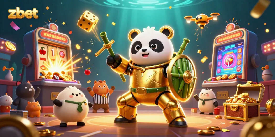Experience the excitement of zbet with a thrilling illustration of a mech-suit panda in a vibrant casino scene.