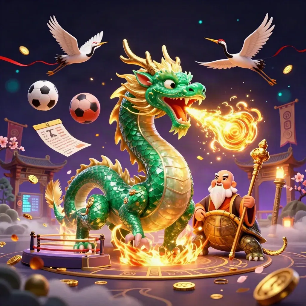 Dragão de jade, tartaruga sábia e grous cercados por bolas, moedas e fogo dourado.